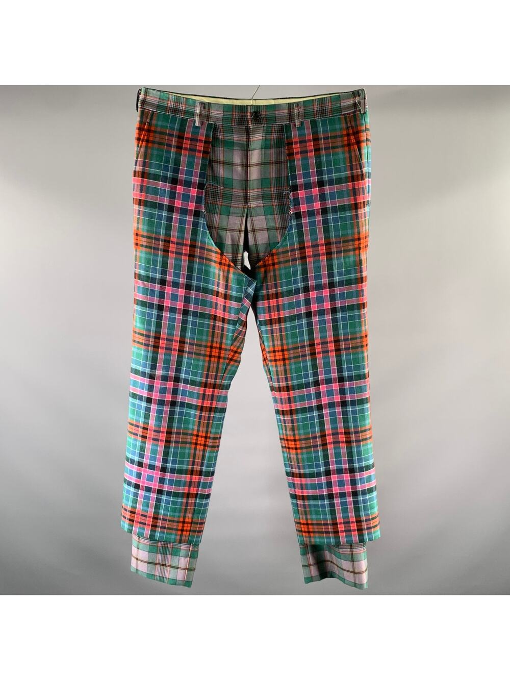 COMME des GARCONS Size 36 Green Red Pink Plaid Wool Chap Panel Dress Pants